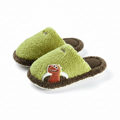 Fuzzy Dinosaur Patch Kids Slippers
