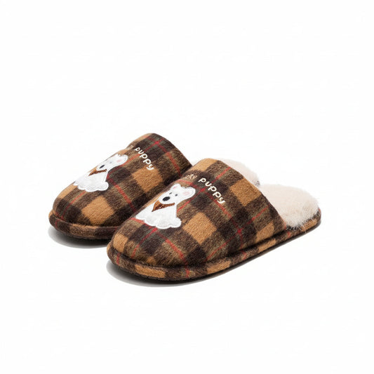Plaid Puppy Embroidered Warm Slippers