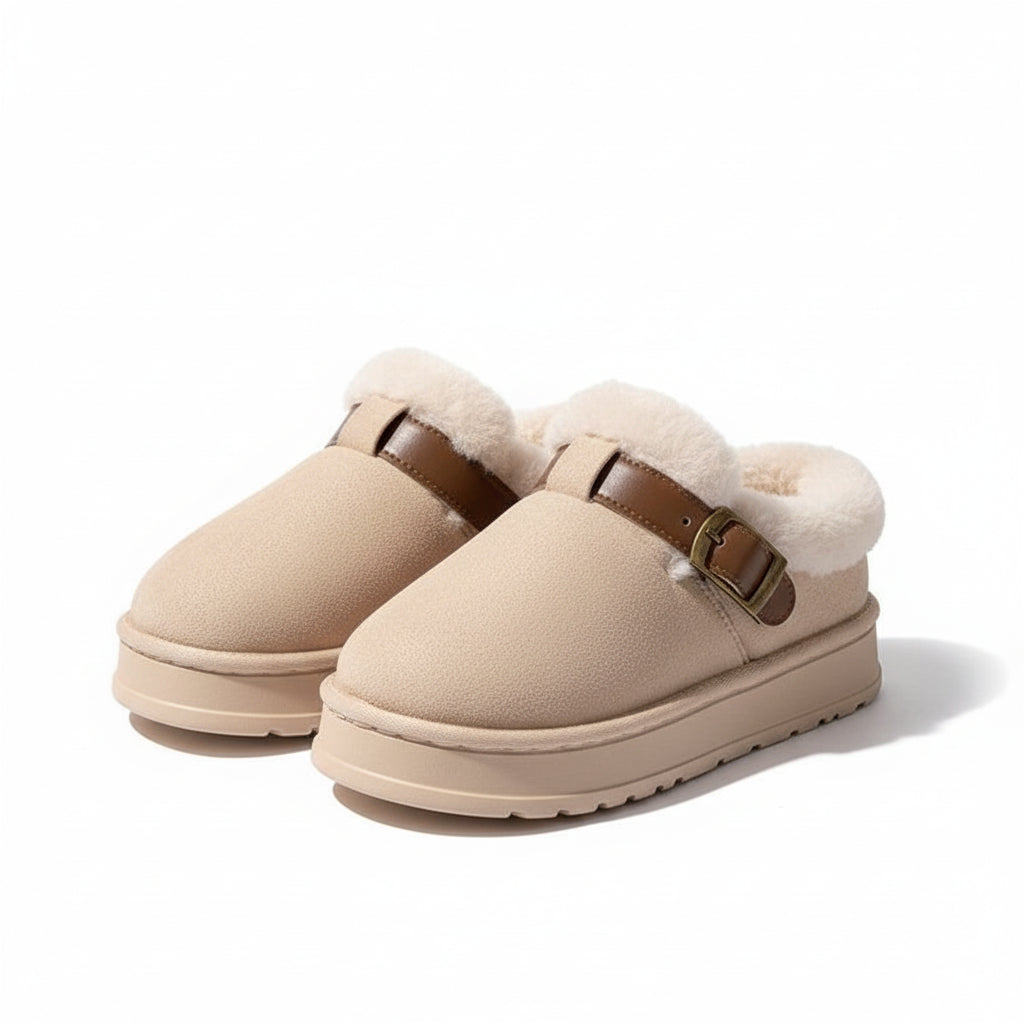 Buckle Strap Plush Clog Slippers