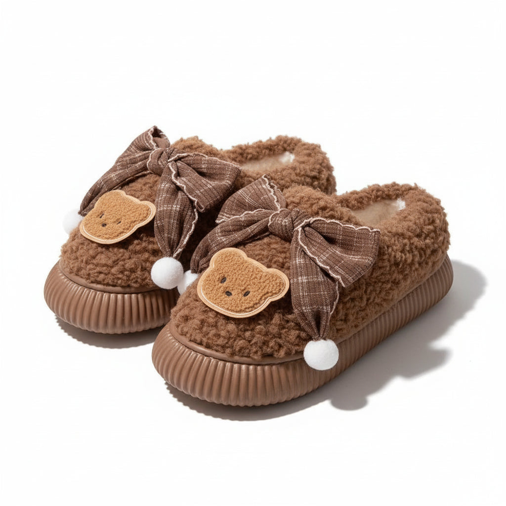 Teddy Bow Sherpa House Slippers