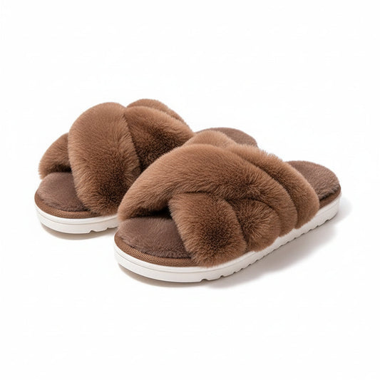 Plush Crisscross Open-Toe Slippers