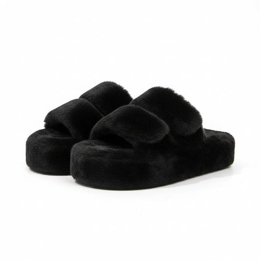 Plush Double-Strap Platform Slippers