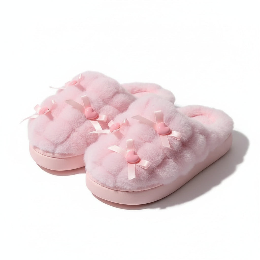 Heart Bow Cloud Plush Slippers
