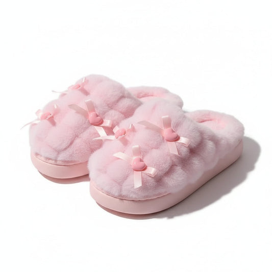 Heart Bow Cloud Plush Slippers