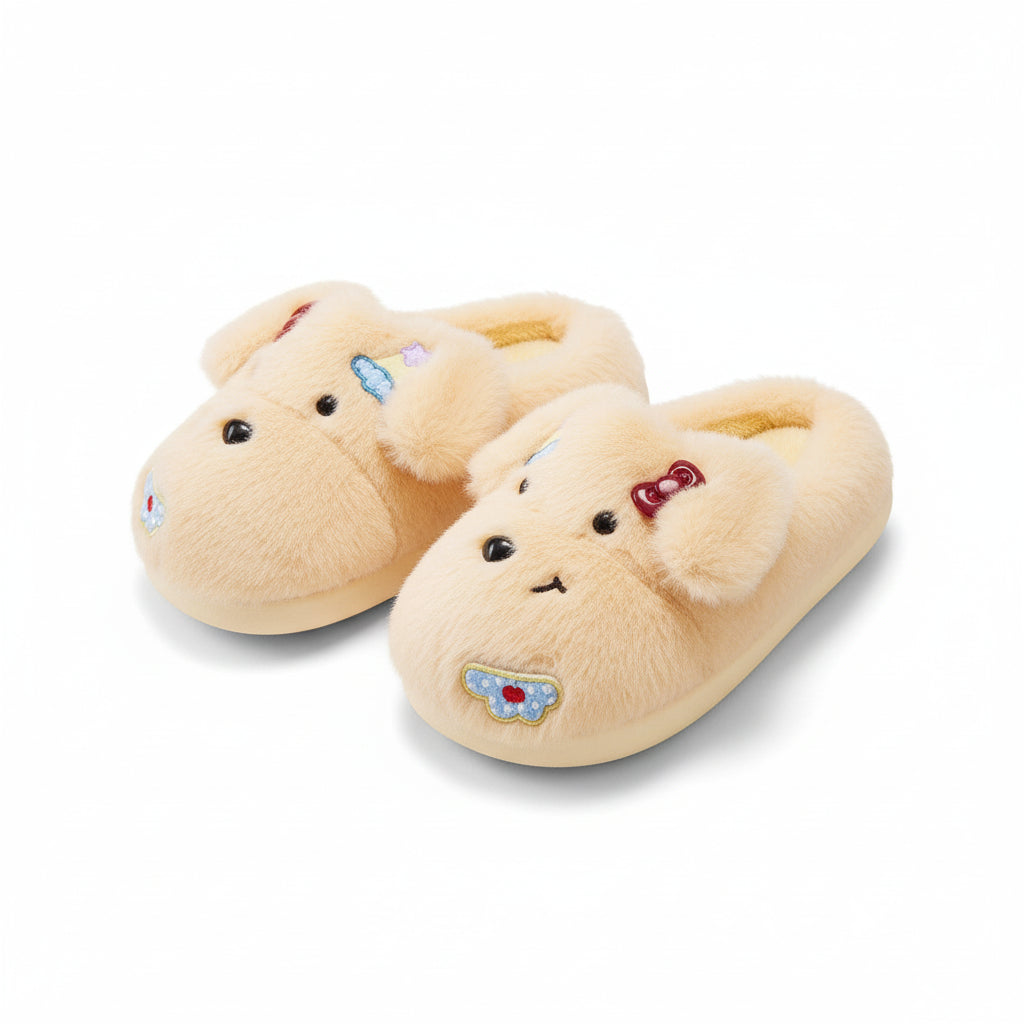 Fuzzy Puppy Face Bow Slippers