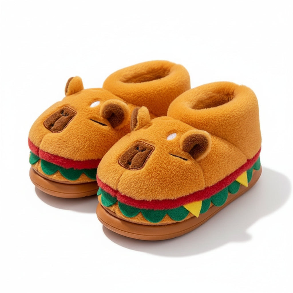 Whimsical Capybara Burger Plush Slippers