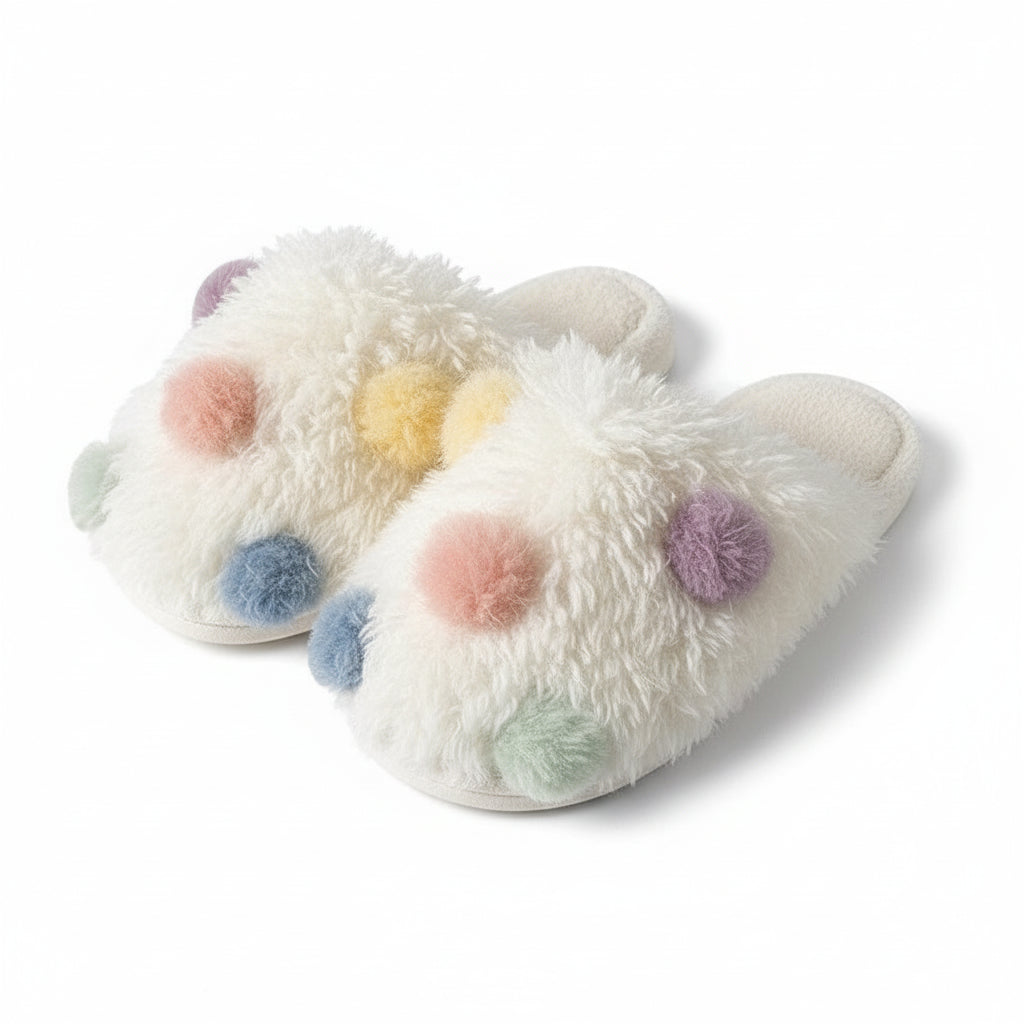 Fuzzy Pom Pom Dot Slippers