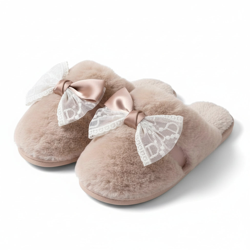 Sheer Lace Bow Plush Slippers