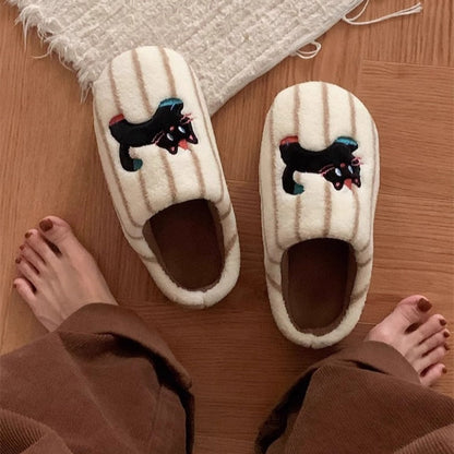 Striped Cat Motif Fuzzy Slippers