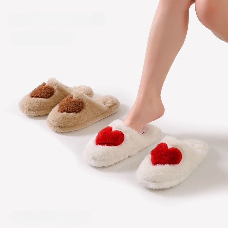 Heart Motif Fuzzy House Slippers