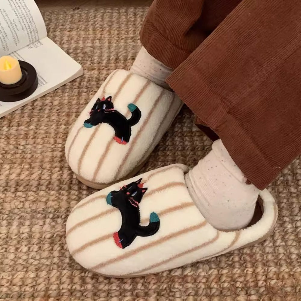 Wandering Black Cat Striped Slippers