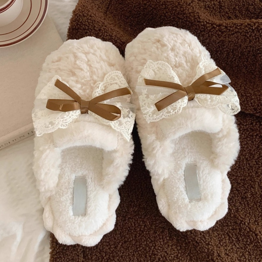Lace Bow Plush House Slippers