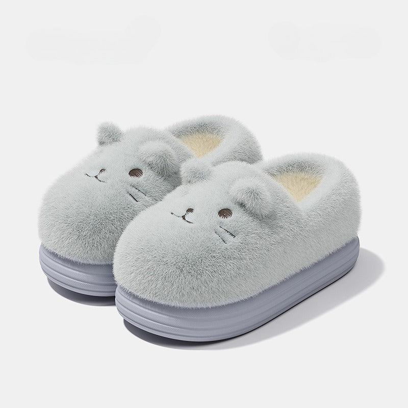 Whimsical Feline Face Plush Slippers