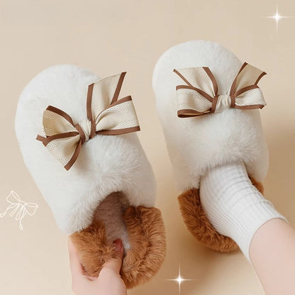 Ribbon Bowknot Fuzzy Platform Slippers