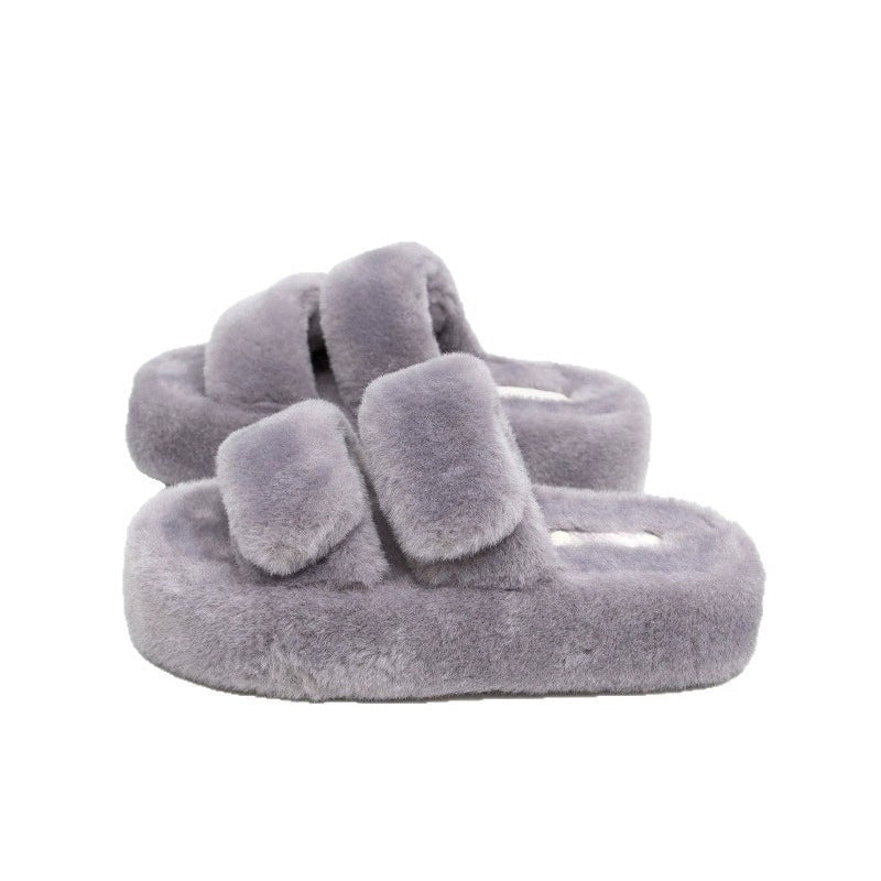 Plush Double-Strap Platform Slippers