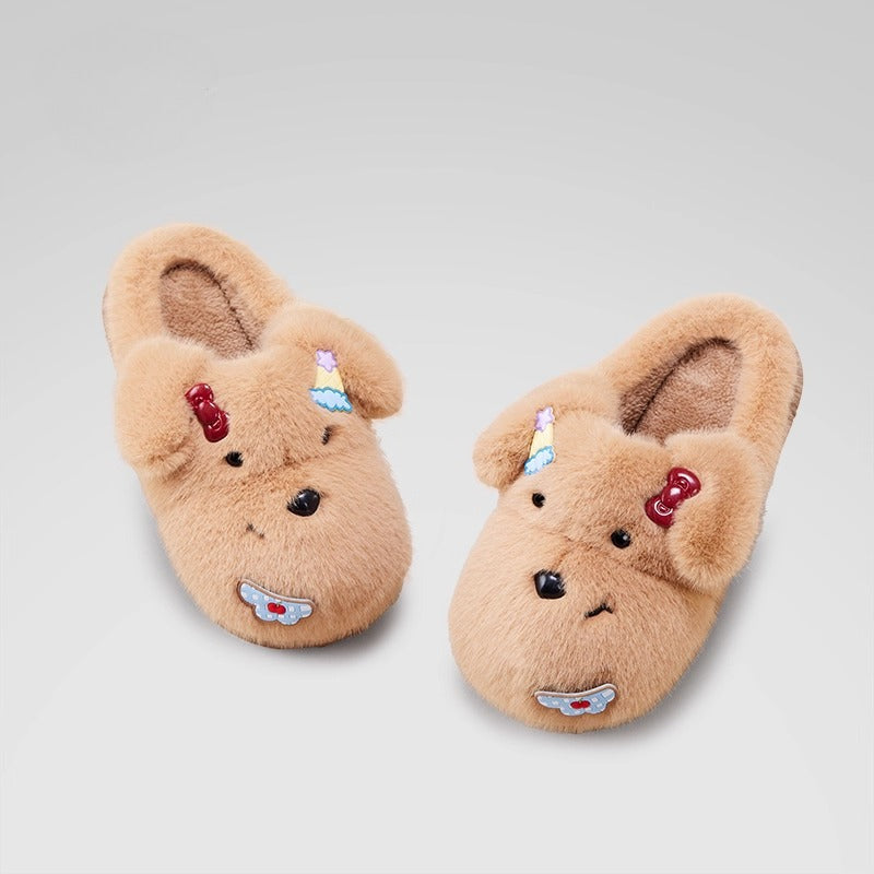 Fuzzy Puppy Face Bow Slippers
