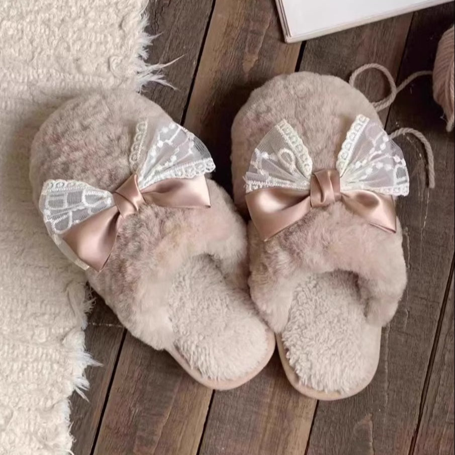 Sheer Lace Bow Plush Slippers