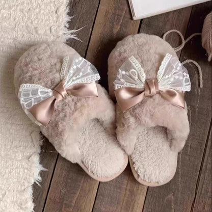 Sheer Lace Bow Plush Slippers