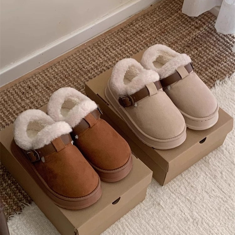 Buckle Strap Plush Clog Slippers