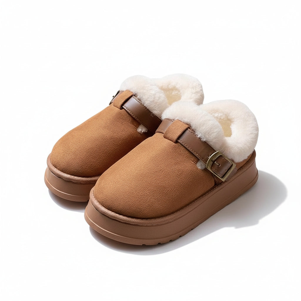 Fuzzy Buckle Platform Clogs