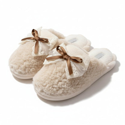 Lace Bow Plush House Slippers