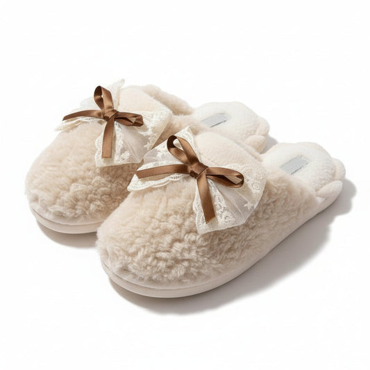 Lace Bow Plush House Slippers